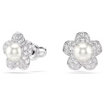 Ariana Grande x Swarovski stud earrings Crystal Pearl, Round cut, Flower, White, Rhodium plated